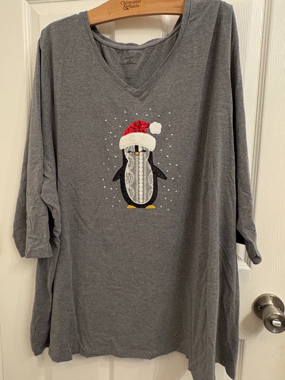 Catherines 3/4 Sleeve Gray Holiday Penguin Top Embroidered Sequins size 3X